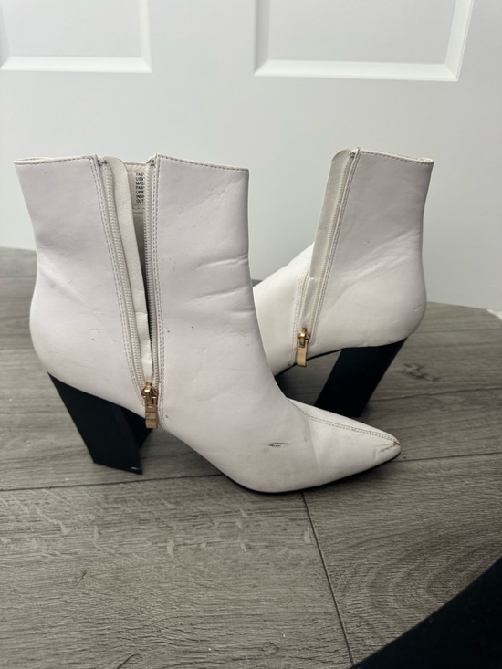 Shoes - White Pointed Toe Ankle Boots with Black Block Heel - Women's